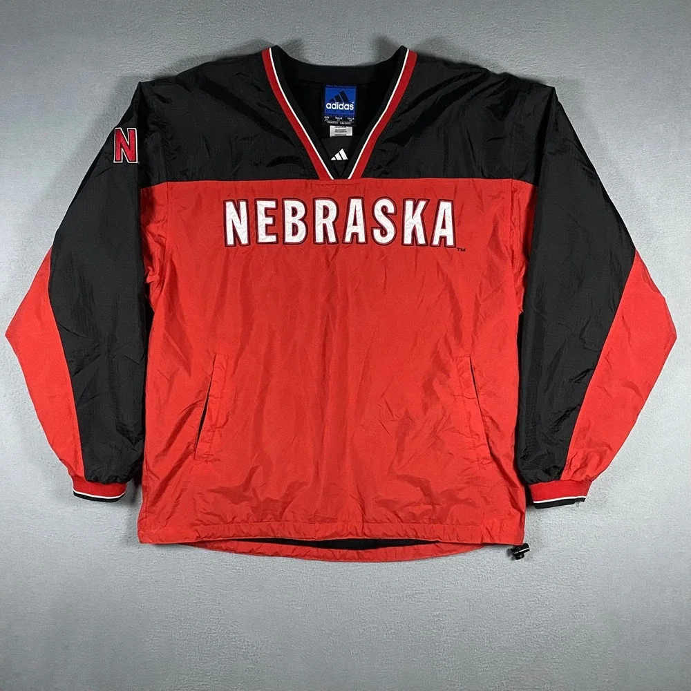 Vintage Adidas Windbreaker Pullover Mens Medium Red Nebraska Huskers V-Neck